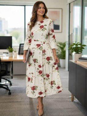 SHEIN XL Floral Midi Dress Ivory Red Rose Print 3/4 Sleeve Cottagecore NWT